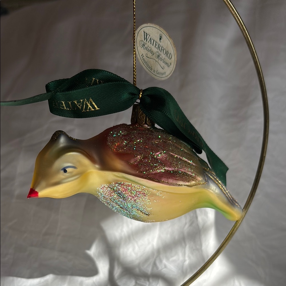 Waterford Glittering Bird Ornament with Green Ribbon